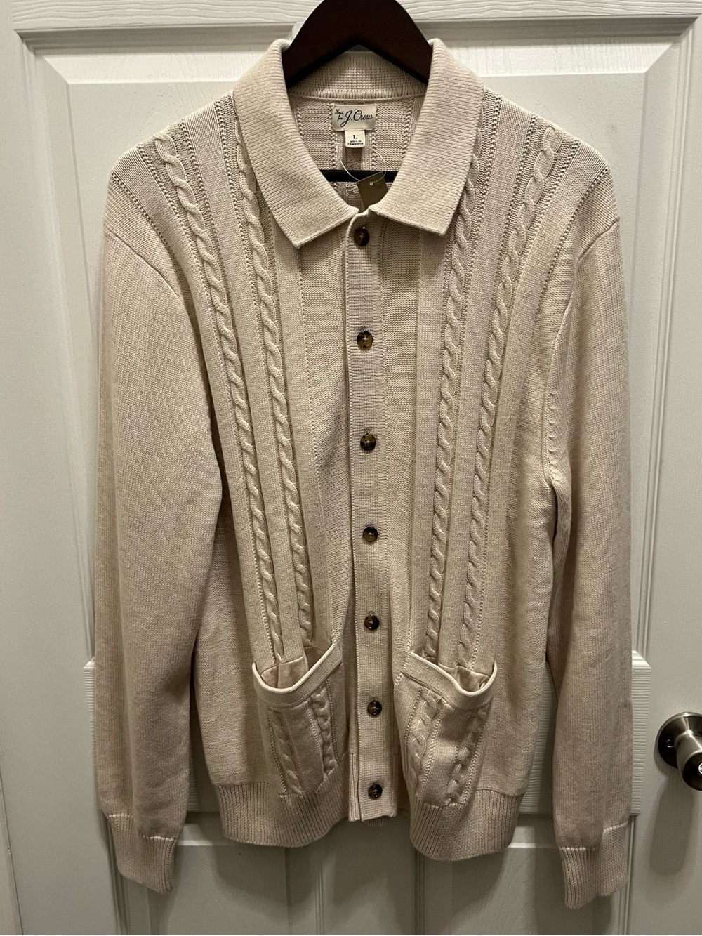 J. Crew Cream Cable-Knit Polo Collar Cardigan